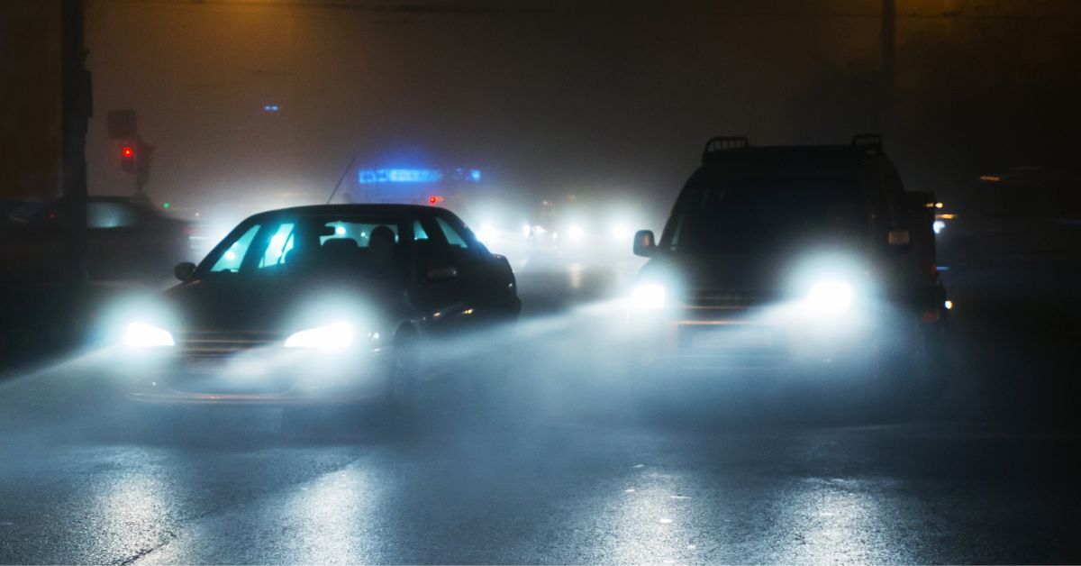 cars waiting at a stop light on a foggy night